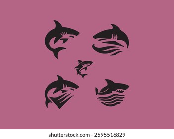 This graphic features four stylized silhouettes of sharks leaping through stylized ocean waves against a deep purple background.