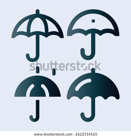 This graphic features four stylized umbrella icons in a dark navy blue gradient on a light blue background.