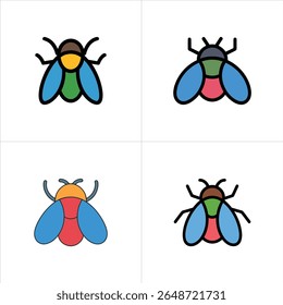 Este gráfico apresenta quatro ícones de mosca exclusivos, apresentados com esquemas de cores vibrantes e contornos em negrito, dispostos em uma grade limpa em uma tela branca.