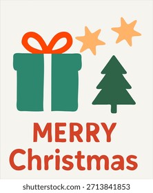 This graphic features a green wrapped gift box tied with a red ribbon next to a small Christmas tree. The words Merry Christmas are displayed prominently underneath the festive elements.
