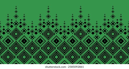This graphic features a horizontal band of stylized geometric motifs in black against a vibrant, medium green background. The composition evokes a contemporary take on traditional textile 