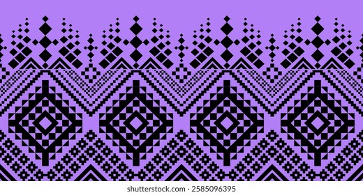 This graphic features a horizontal band of stylized geometric motifs in black against a soft, lavender or light purple background. 