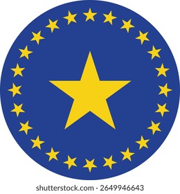 Este gráfico apresenta uma grande estrela amarela central delimitada por um arranjo circular de estrelas amarelas menores. O fundo é um branco limpo, destacando o design azul e amarelo.