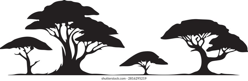 This graphic features a minimalist black silhouette of a savanna landscape with four distinct acacia trees of varying sizes. The trees are depicted with their characteristic flat-topped canopy shapes against a plain white background, creating a high-contrast design suitable for wall decals, stencil art, or nature-themed graphic projects.