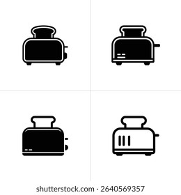 This graphic features a minimalist set of toaster icons, each in black and white, showcasing various toaster designs with slices of bread popping out.