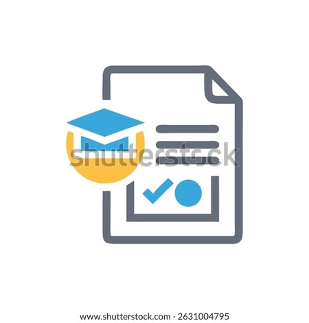 This graphic features a mortarboard on a document indicating educational achievement in a flat design style.