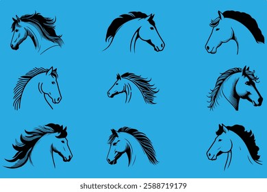 This graphic features nine stylized horse head silhouettes, all in profile view and rendered in black ink on a bright sky blue background.