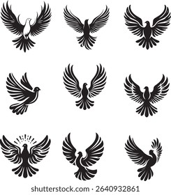This graphic features nine stylized silhouettes of doves in flight, with wings spread wide.
