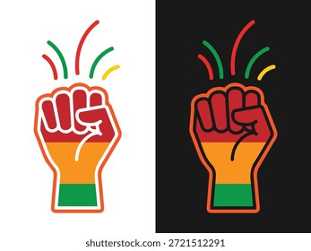 This graphic features a raised clenched fist decorated with traditional red yellow and green Pan African colors. The dual background design highlights the symbol of resistance and solidarity for human rights movements worldwide. Ideal for celebrating Black History Month or Juneteenth events emphasizing empowerment and cultural pride.