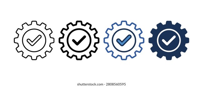 This graphic features a series of gear icons, each with a check mark, in varying shades and styles for versatile usage