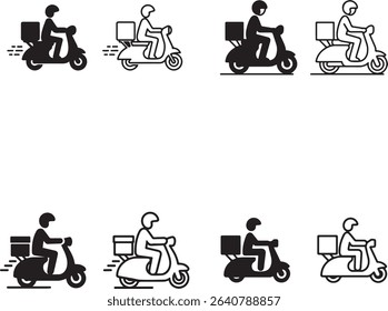 This graphic features a set of eight scooter icons. Each icon includes a person wearing a helmet and box, presented in both filled and outline styles on transparent background.