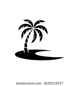 This graphic features a silhouette of a black palm tree growing on an island. Simple, stylish, and perfect for any tropical design project requiring a beachy feel.