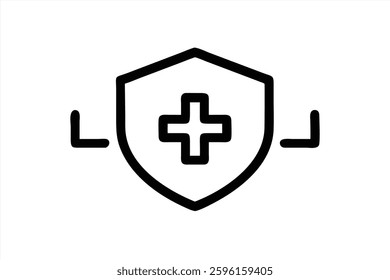 This graphic features a simple black outline of a shield with a medical cross at its center. It symbolizes protection and health, suitable for healthcare related projects.