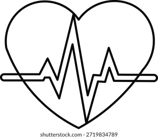 Este gráfico presenta un simple contorno en blanco y negro con forma de corazón. Dentro del corazón, una línea clara del electrocardiograma representa un ritmo cardíaco o ritmo cardíaco, que simboliza la salud.