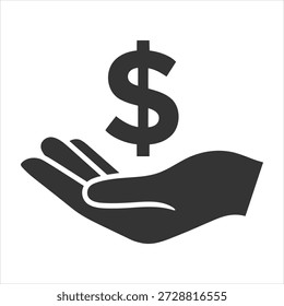 Este gráfico apresenta uma silhueta simples e preta de uma mão aberta posicionada para pegar um símbolo de dólar proeminente. Representa apoio financeiro, renda ou riqueza. profissional de alta qualidade detalhada moderna elegante
