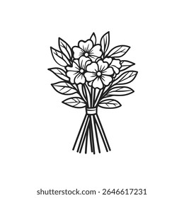 This graphic features a simple yet elegant bouquet of flowers in black and white line art. The blooms are surrounded by leaves and tied with a ribbon.
