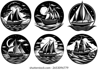 Este gráfico apresenta seis desenhos circulares, cada um mostrando um veleiro diferente contra um pano de fundo de ondas estilizadas, nuvens e elementos celestes como luas e estrelas.