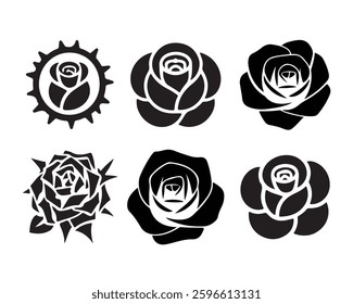 This graphic features six distinct, stylized rose silhouettes in a solid black color against a white background.