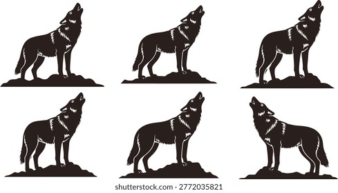 This graphic features six striking black silhouette illustrations of wolves howling from atop rocky formations. The design captures the primal essence of these wild creatures, perfect for projects emphasizing nature, wildlife, or symbolic representations of strength and freedom. Each wolf stands in a distinct pose, united by their powerful call.