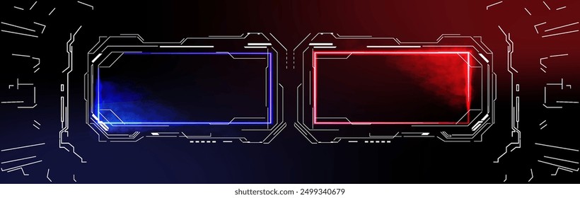 Este gráfico presenta una elegante interfaz digital que muestra dos paneles rectangulares, uno iluminado en azul y el otro en rojo. El diseño incorpora intrincados circuitos 