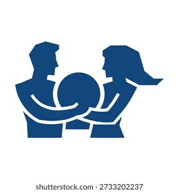This graphic features a striking dark blue silhouette of a couple lovingly embracing while jointly holding a spherical object. The flat, stylized silhouette style gives a modern and minimalist feel.
