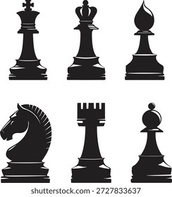 Este gráfico apresenta uma coleção impressionante e isolada de peças de xadrez preto icônicas colocadas contra um fundo branco limpo. A ilustração mostra claramente silhuetas do rei, rainha, cavaleiro, torre e bispo, oferecendo uma visão abrangente dos principais elementos do jogo. Ideal para conceitos relacionados a estratégia, desafios intelectuais, torneios e entretenimento de mesa clássico. O design arrojado e de alto contraste enfatiza as formas distintas cruciais para entender as manobras de xadrez e o planejamento estratégico neste jogo atemporal.
