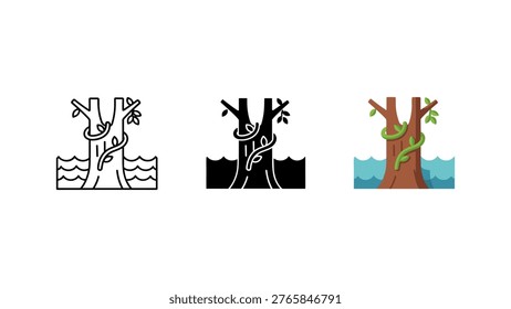 This graphic features a sturdy tree trunk with a curling vine, depicted in three distinct styles: outline, solid, and flat color. The tree stands in water, suggesting a swampy or submerged environment, perfect for illustrating themes of nature, ecosystems, or environmental conservation in a clear, versatile manner for various digital or print applications.