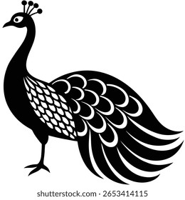 This graphic features a stylized peacock, meticulously rendered in black and white, showcasing its elaborate plumage, distinctive crest, and gracefully curved neck on transparent backdrop.