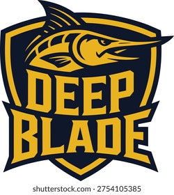 This graphic features a stylized yellow marlin fish leaping above the words DEEP BLADE, presented within a shield emblem. The design uses bold lines and colors,