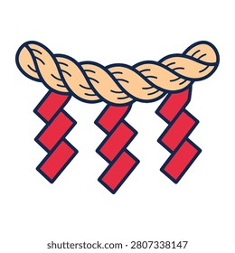 This graphic features a traditional Japanese Shimenawa rope adorned with iconic red paper Shide strips used during Shinto shrine ceremonies. It is a clean illustration representing spiritual purity and sacred boundaries in Japanese religious cultural practice.