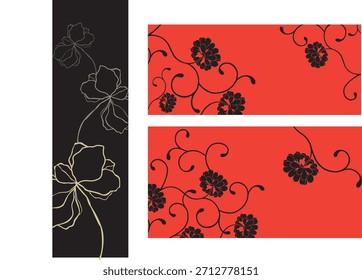 Este gráfico presenta motivos orientales tradicionales, mostrando flores florales estilizadas y vides en desplazamiento. El uso de una atrevida paleta de colores rojo y negro crea un aspecto sofisticado y decorativo, a menudo visto en textiles tradicionales asiáticos, laca o artesanías de papel.