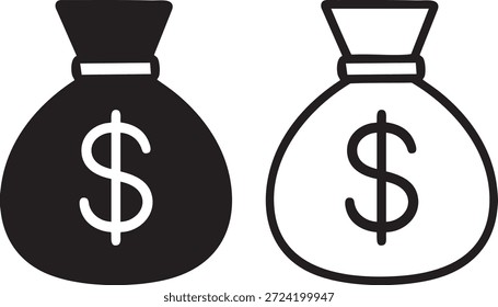 Este gráfico presenta dos bolsas de dinero adornadas con signos de dólar, presentadas en un llamativo diseño en blanco y negro con un estilo de silueta distintivo.
