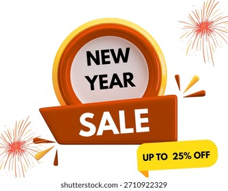 Este gráfico presenta una vibrante promoción de "REBAJAS DE AÑO NUEVO" con una insignia circular y un Anuncio, lo que indica un ahorro de "HASTA 25%" en un contexto de fuegos artificiales de celebración.
