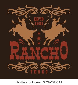 Este gráfico presenta un diseño vintage con siluetas de vaqueros a caballo. Destaca la palabra Rancho con fecha establecida en 1991 que refleja la cultura y la historia de Texas.