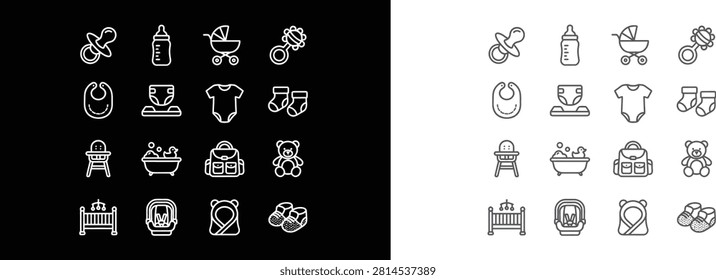 This graphic features a well-organized set of sixteen baby-themed icons, presented in a clean, minimalist line-art style. The collection includes essential childcare items such as a pacifier, baby bottle, stroller, rattle, bib, diaper, onesie, socks, high chair, bathtub, backpack, teddy bear, crib, car seat, hooded towel, and booties. The visual is split into two halves: one with white icons on a black background and the other with dark grey icons on a white background, demonstrating versatile design utility for modern parenting apps.