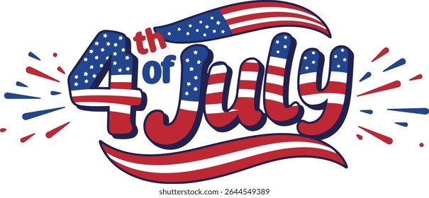 This graphic features the words '4th of July' styled in a celebratory font, incorporating red, white, and blue colors reminiscent of the American flag.