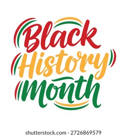 Este gráfico muestra las palabras Mes de la Historia Negra en negrita, rojo, amarillo y verde. El diseño incorpora líneas de acento curvas que enmarcan el texto sobre un fondo blanco limpio. Sirve como una poderosa representación visual para celebrar y honrar la herencia y los logros afroamericanos.