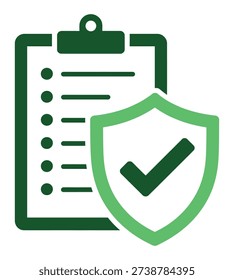 This graphic illustrates a clipboard with a list of items and a protective shield containing a checkmark, conveying concepts of safety, verification, and policy adherence.