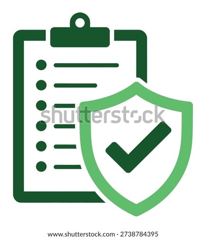 This graphic illustrates a clipboard with a list of items and a protective shield containing a checkmark, conveying concepts of safety, verification, and policy adherence.