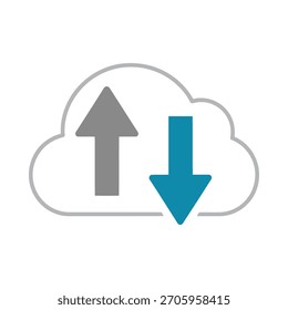 Diese Grafik veranschaulicht Cloud-Speichervorgänge mit unterschiedlichen Hoch- und Herunterladepfeilen, die Datenübertragungs-, Online-Backup- und Synchronisierungsdienste symbolisieren.