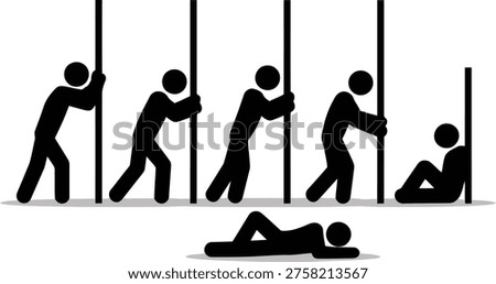 This graphic illustrates the progression from strenuous effort against obstacles to a state of complete exhaustion and surrender.