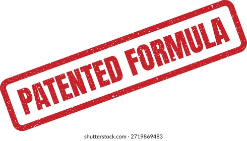 Diese Grafik zeigt eine strukturierte Gummistempelmarke mit den Worten "Patentierte Formel" für geistiges Eigentum und Eigentumsstatus. Ideal für Geschäftsdokumente und wissenschaftliche Präsentationen.