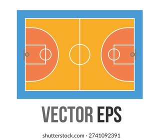 This graphic illustration depicts a simplified basketball court from an aerial perspective, highlighting the key markings and zones