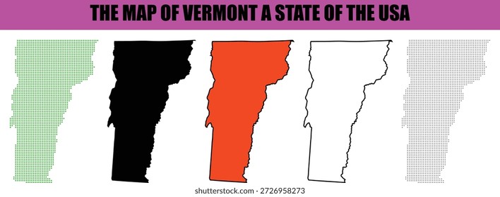 Esta ilustración gráfica muestra cinco variaciones distintas del mapa del estado de Vermont de los Estados Unidos que muestran diversos estilos, incluidos patrones punteados, siluetas sólidas en negro y naranja y un diseño de contorno limpio, todo presentado sobre un fondo blanco limpio para un uso geográfico y educativo versátil