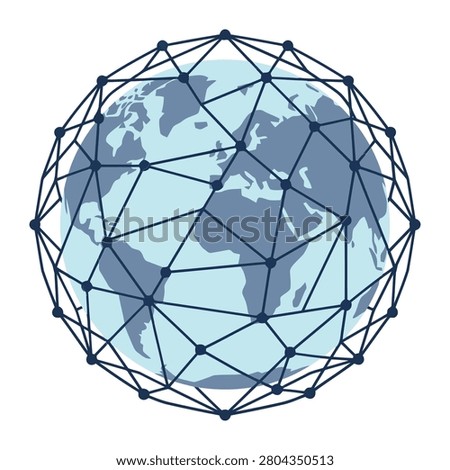 This graphic illustration features a blue stylized globe encased within a complex dark web of interconnected nodes and lines. The image symbolizes the modern digital landscape of our world and represents global communication systems and high tech data flows