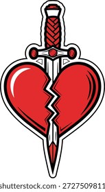 Esta ilustración gráfica presenta un corazón rojo brillante, dividido prominentemente en dos mitades con una línea de Vertical irregular. Una daga con una empuñadura y una hoja decoradas se muestra perforando directamente a través del centro del corazón roto. La Imagen utiliza contornos negros y resaltados para enfatizar los Elementos, creando un poderoso símbolo a menudo asociado con el desamor, el dolor emocional, la pérdida y la traición. El diseño es limpio y llamativo, se asemeja a un tatuaje tradicional o emblema de la etiqueta engomada.