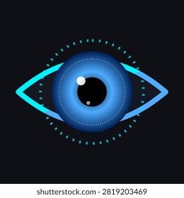 This graphic illustration features a bright blue cybernetic eye against a dark, minimalist background. Circular HUD elements simulate biometric scanning, advanced facial recognition, and data processing. Sharp contrast emphasizes futuristic themes like cybersecurity, artificial intelligence, and robotic innovation. This visual concept effectively represents digital surveillance and modern security technology systems.