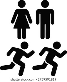This graphic illustration features a combination of gender symbols and running figures on a clean white background. The image showcases simple yet effective design elements, including male and female icons, as well as dynamic illustrations of people in motion. The use of black shapes against a white backdrop creates a striking visual contrast, making the image attention-grabbing and memorable. The illustration can be used in various contexts, such as in articles, presentations, or marketing materials, to convey themes related to gender, movement, and energy.