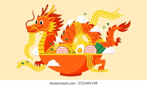 This graphic illustration features a cute orange dragon happily enjoying a bowl of ramen noodles. The artwork is a modern, colorful take on Asian culture and mythology. The dragon, a symbol of luck