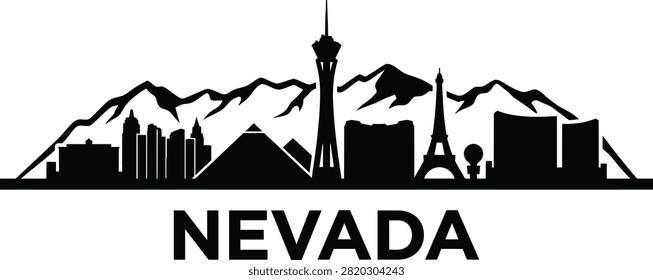 This graphic illustration features a detailed black silhouette of the iconic Las Vegas city skyline, prominently displaying famous landmarks and desert mountains with the word Nevada written below it.